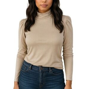 Ann Taylor XS Top Beige Sparkle Mock Neck Long Sleeve Ruched Shoulder Blouse New